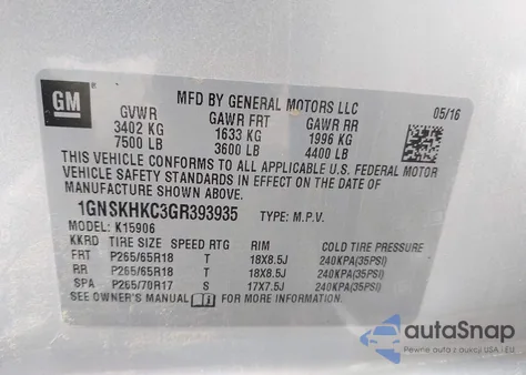 2016 Chevrolet Suburban Lt z USA, uszkodzony, nr VIN 1GNSKHKC3GR393935